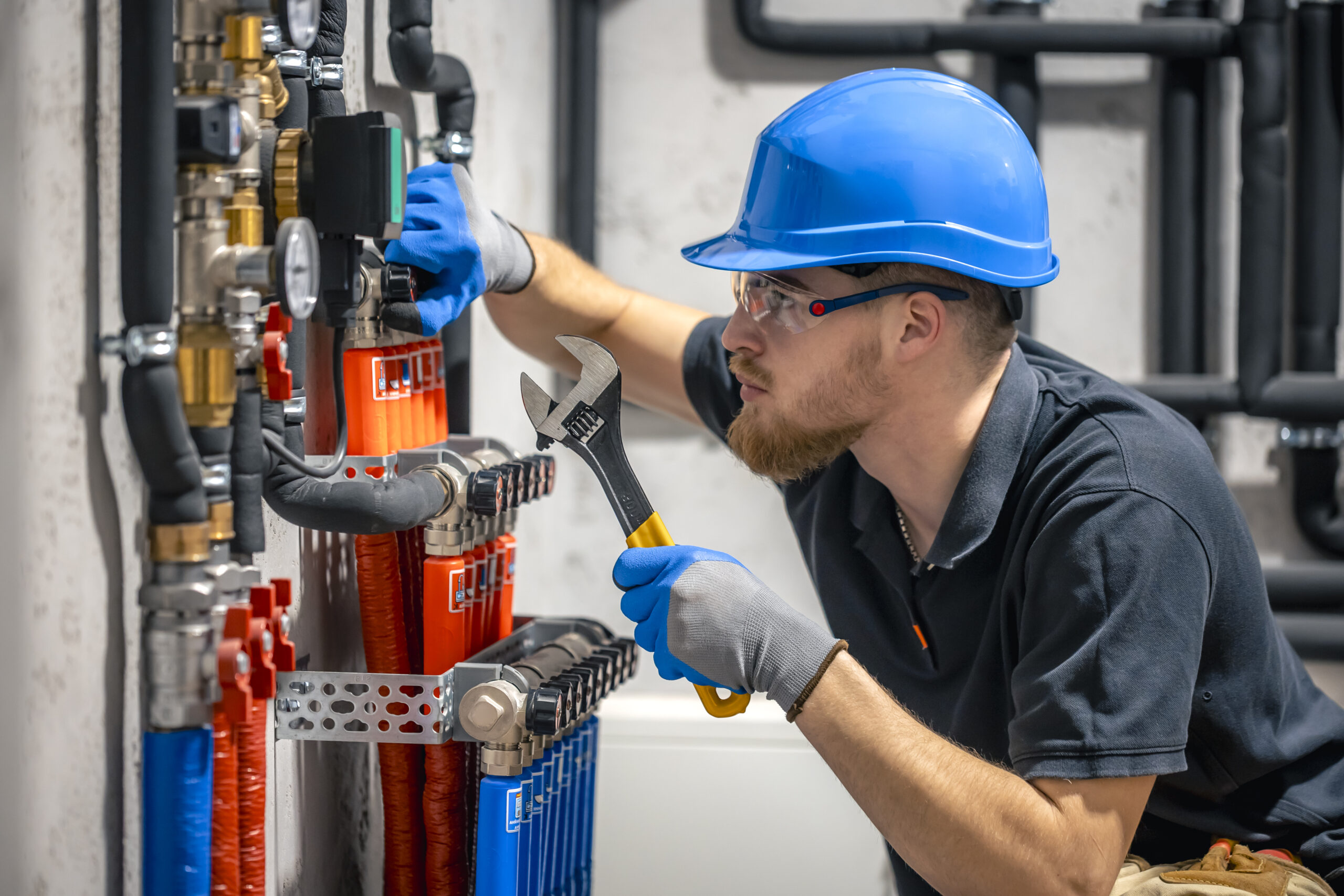 the technician checking the heating system in the boiler room.